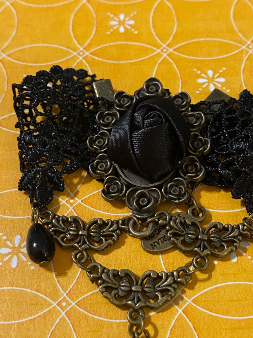 Black Lace Rose Bracelet with Connecting Ring. Antique Brass Accents - Picture 4 of 9